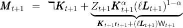 MMM       =   ℸKKK      + Z    KKK α  (ℓLLL    )1- α
   t+1           t+1   ◟ t+1---t+1◝◜--t+1----◞
                        KKKt+1rt+1+(ℓLLLt+1)Wt+1   