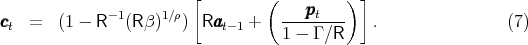                         [        (         ) ]
ccct  =  (1 - R- 1(R β)1∕ρ) Raaat- 1 +  ---pppt---    .               (7)
                                   1 - Γ ∕R
