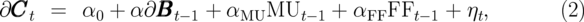 ∂CCC    =   α  +  α ∂BBB     +  α    MU      +  α   FF      + η ,         (2)
   t        0         t- 1     MU      t- 1     FF    t- 1     t
