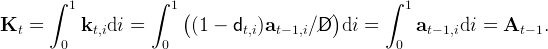        ∫  1          ∫ 1                             ∫  1
                         (                    )
Kt  =      kt,idi =       (1 -  dt,i)at - 1,i∕//D di =      at- 1,idi =  At - 1.
        0             0                               0
