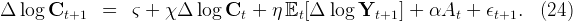 Δ  log  C      =   ς + χ Δ  log C  +  η E  [Δ  log Y    ] + αA    + ϵ    .  (24)
         t+1                      t       t         t+1        t    t+1
