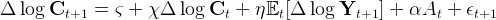 Δ  log Ct+1  =  ς + χ Δ  log  Ct +  ηEt [Δ log Yt+1  ] + αAt  +  ϵt+1   