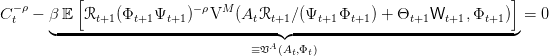           [                                                           ]
  -ρ                       -ρ M
C t -  β-E--Rt+1(Φt+1Ψt+1-)--V--(AtRt+1 ∕(Ψt+1Φt+1-) +-Θt+1Wt+1,-Φt+1)- = 0
       ◟                             A◝◜                              ◞
                                  ≡ 𝔙 (At,Φt)
