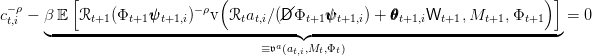           [                   (                                           ) ]
c-ρ - β E  Rt+1(Φt+1ψψψt+1,i)-ρv Rtat,i∕(//DΦt+1ψψψt+1,i) + θθθt+1,iWt+1, Mt+1, Φt+1  =  0
 t,i   ◟---------------------------------◝◜----------------------------------◞
                                    ≡𝔳a(at,i,Mt,Φt)
