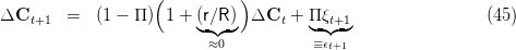                     (         )
ΔC       =  (1 - Π ) 1 + (r∕R)  ΔC   + Π ξ                   (45)
    t+1                  ◟◝ ◜◞      t  ◟-◝t+◜1 ◞
                          ≈0           ≡ ϵt+1 