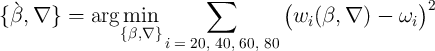                           ∑        (                )
{β`, ∇ }  = arg min                   w (β, ∇  ) - ω   2
               {β,∇}                   i            i
                     i = 20, 40, 60, 80
                                                                                     
                                                                                     
      