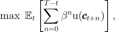          [ T∑ - t           ]
                 n
max   Et       β  u (ccct+n)   ,
           n=0
