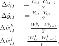 Δ  ˜ci,t   =  Ci,t--Ci,t-1
                Y
Δ y˜i,t    =  Yi,t--Yi,t-1
              h Y h
Δ ˜wh     =  W-i,t--W-i,t-1-
    i,t          Y
    f      (W-fi,t- W-fi,t-1)
Δ ˜w i,t  =       Y      ,
