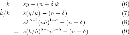    k˙  =   sy -  (n +  δ)k                            (6)
 ˙
k ∕k   =   s(y∕k ) -  (n +  δ)                        (7)
             α - 1    1- α
       =   sk    (uh )     - (n  + δ )                (8)
       =   s(k∕h )α - 1u1 - α - (n + δ).              (9)
