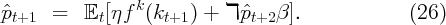                  k
pˆt+1   =   𝔼t[ηf  (kt+1 ) + ℸ ˆpt+2 β].              (26)
