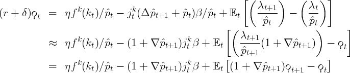                                                             [(      )     (    ) ]
                   k             k                             λt+1-        λt-
(r +  δ)ϙt  =   ηf  (kt )∕ˆpt - j t (Δ ˆpt+1 + ˆpt)β ∕ˆpt +  𝔼t            -
                                                       [ (       ˆpt         ˆpt)      ]
                   k                          k            λt+1
            ≈   ηf  (kt )∕ˆpt - (1 +  ∇ pˆt+1 )jt β + 𝔼t     -----(1 +  ∇ ˆpt+1 )  -  ϙt
                                                       [   pˆt+1                 ]
            =   ηf k(k  )∕ˆp  - (1 +  ∇ pˆ   )jkβ  + 𝔼    (1 + ∇  ˆp   )ϙ    -  ϙ
                       t   t             t+1   t       t           t+1   t+1      t
