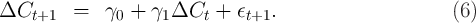 ΔCt+1     =   γ0 + γ1 ΔCt  +  ϵt+1.                      (6)
