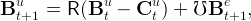    u          u      u         e
B  t+1  = R (B t −  C t) +  ℧B  t+1,
