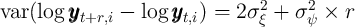 var (log yyy     -  log yyy  ) =  2σ2 +  σ2  × r
          t+r,i        t,i        ξ     ψ  